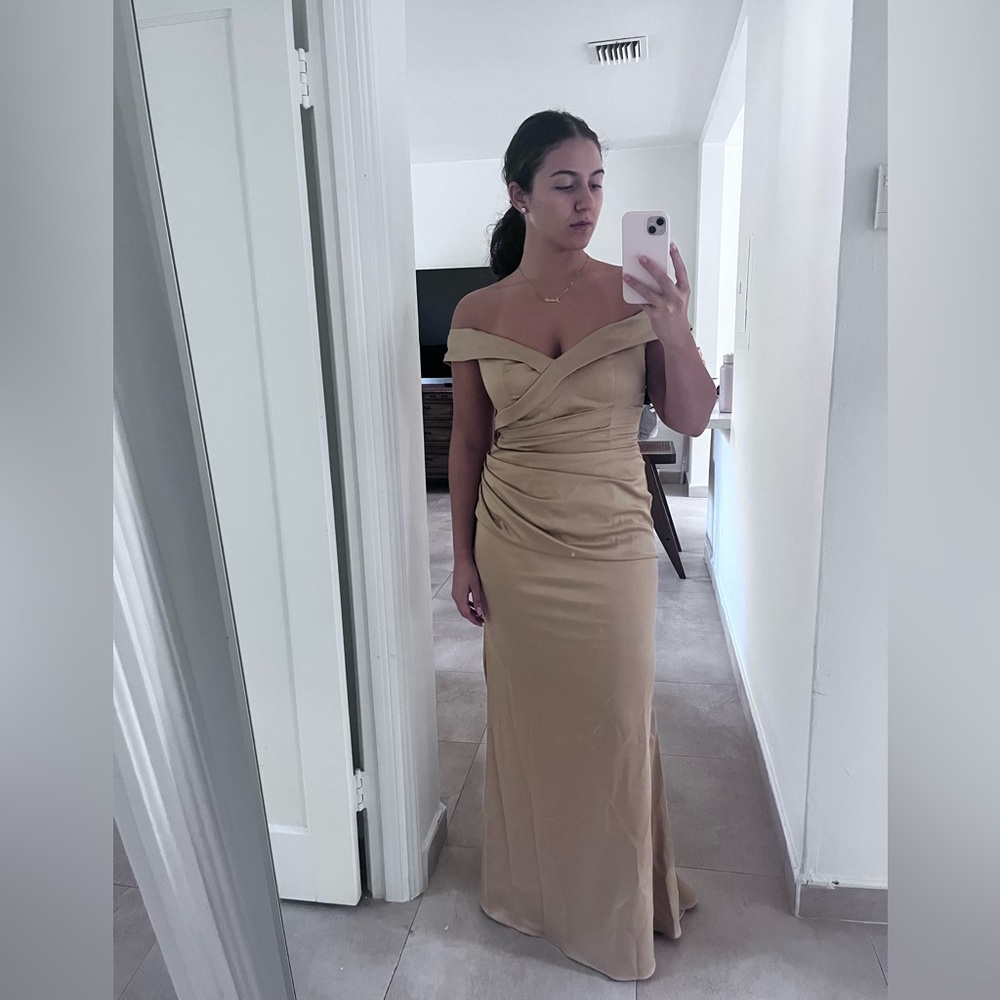 David’s Bridal Mermaid off shoulder bridesmaid dress
